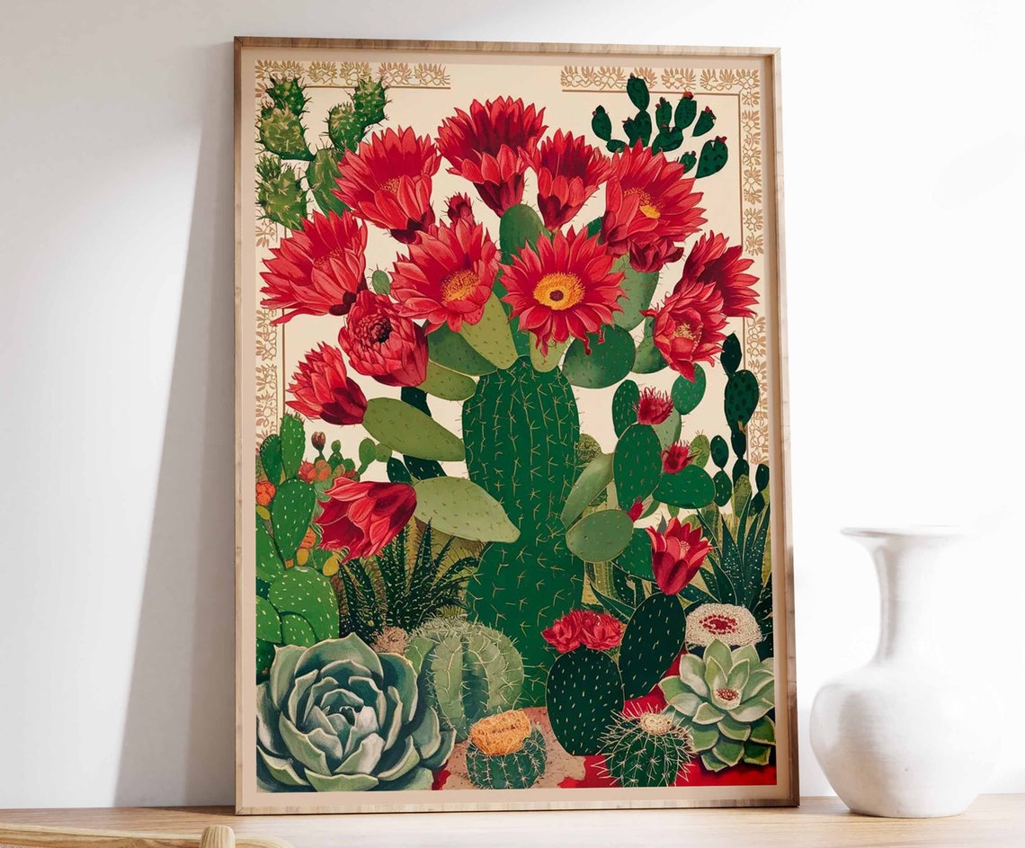 Tall Red Blossom Cactus Desert Botanical Cluster Scene Art Poster