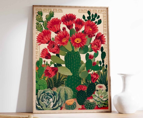 Tall Red Blossom Cactus Desert Botanical Cluster Scene Art Poster