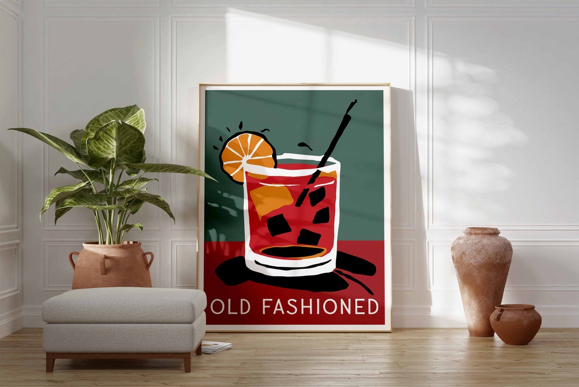Old Fashioned Cocktail Orange Slice Green Retro Bar Decor Wall Art - Image 3