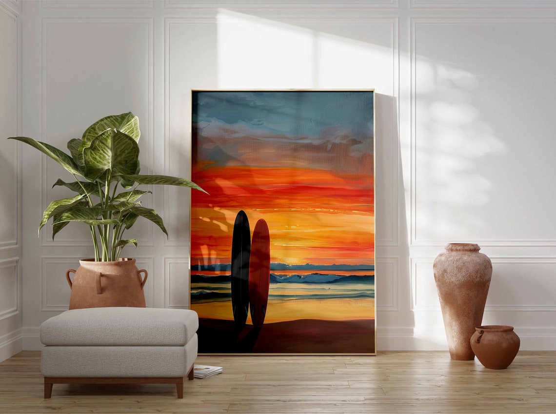 Two Surfboards on a Beach at a Fiery Sunset Ocean Wave Poster - Image 3