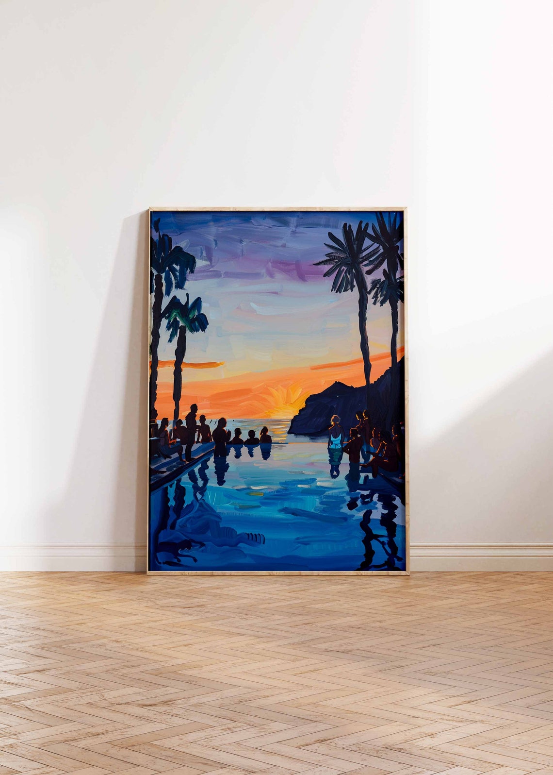 Sunset Pool Party Palm Tree Silhouettes Ocean Coast Art Poster - Image 3