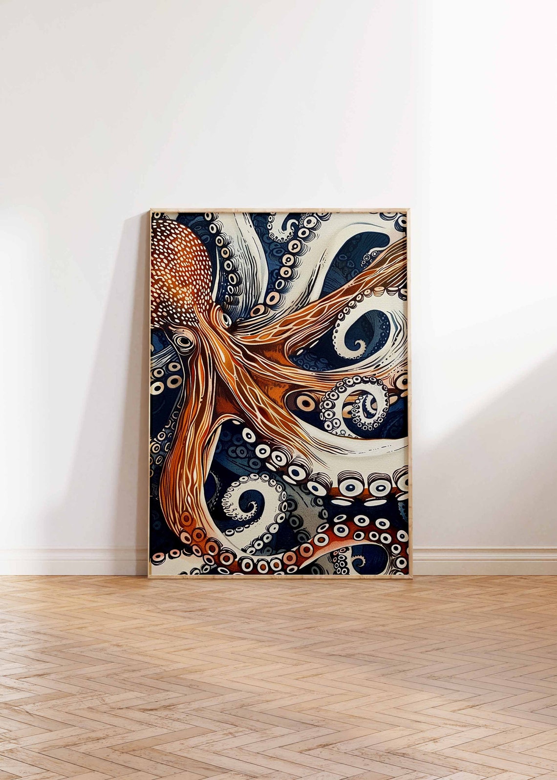 Orange Octopus Tentacles Navy Blue Waves Picturesque Wall Art - Image 2