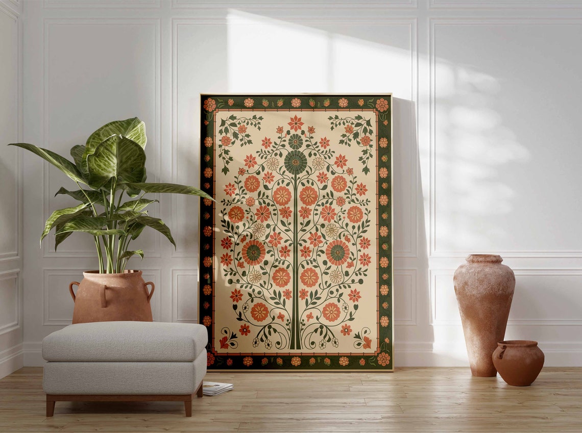 Marigold Daisy Indian Tree of Life Green Border Poster Folk Art Gift - Image 2
