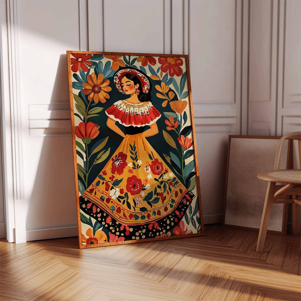 Joyful Dancing Mexican Woman Yellow Floral Skirt Folk Art Poster - Image 3