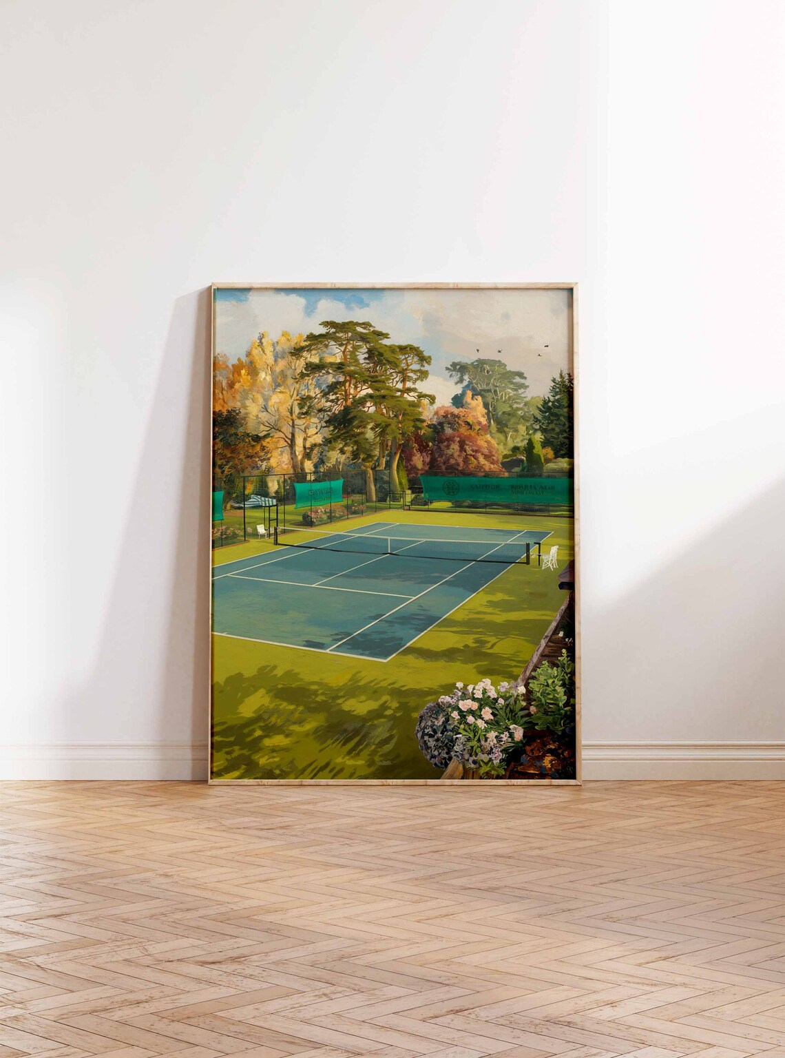 Vintage Tennis Court Autumn Gold Trees Garden Terrace Scene Poster - Image 3