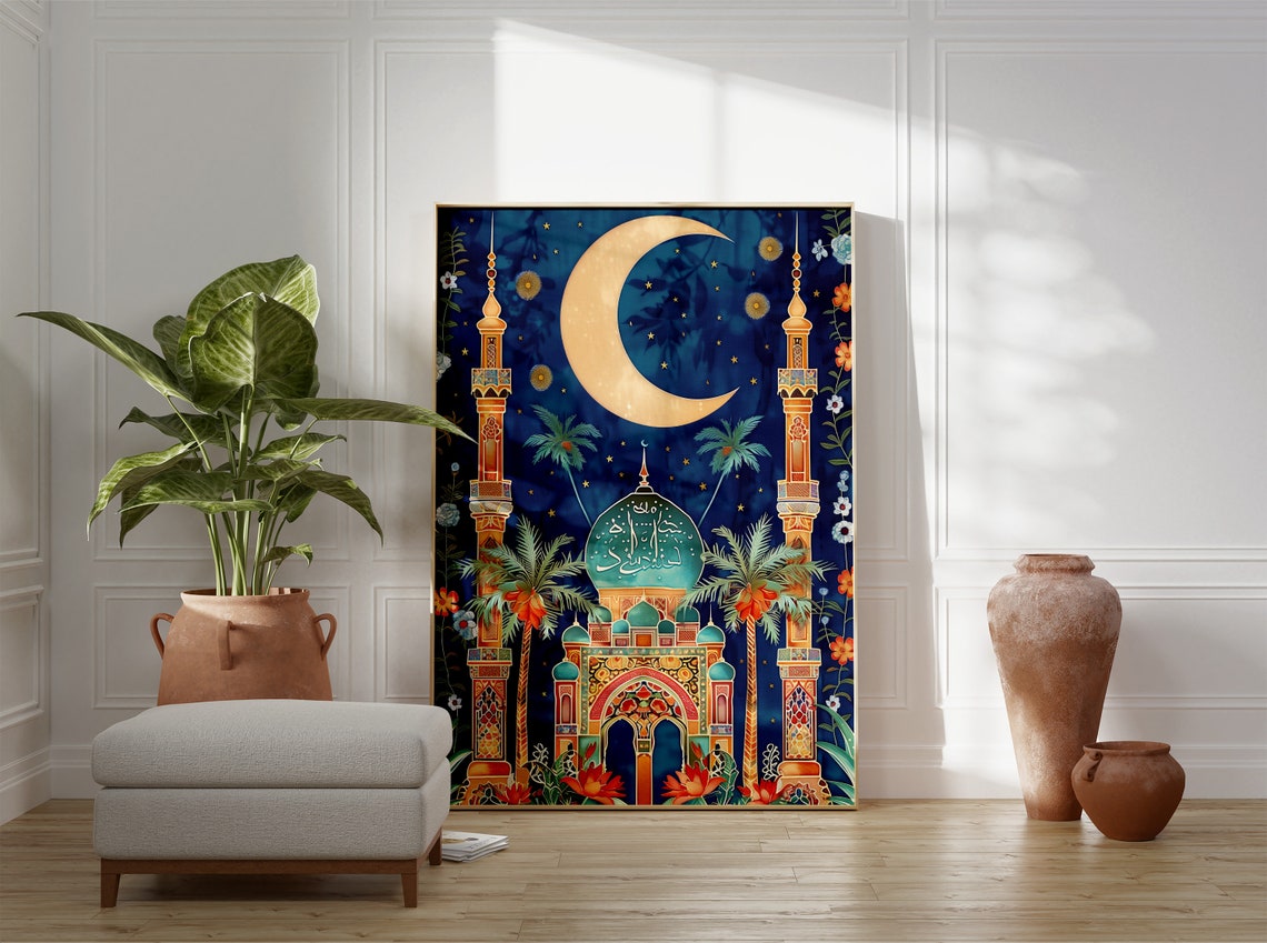Golden Mosque and Minarets Under Crescent Moon Night Sky Poster - Image 3