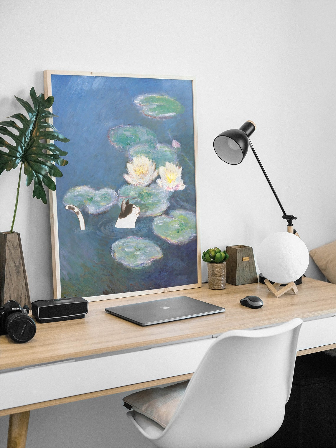 Swimming Cat Among Water Lilies Monet Style Whimsical Poster - Image 2