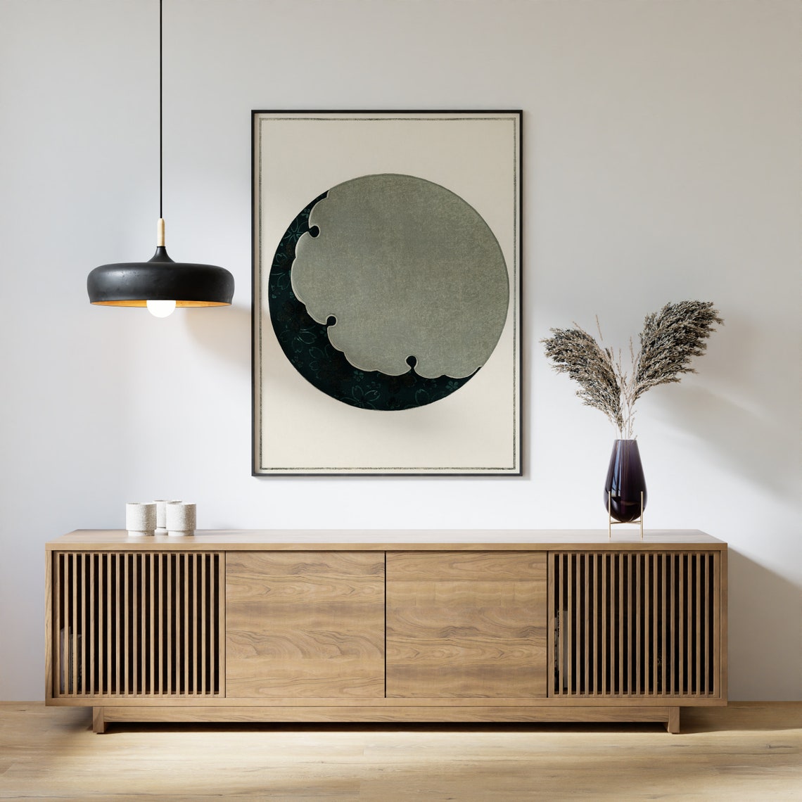 Abstract Japanese Moon Circle Over Teal Floral Woodblock Poster - Image 2