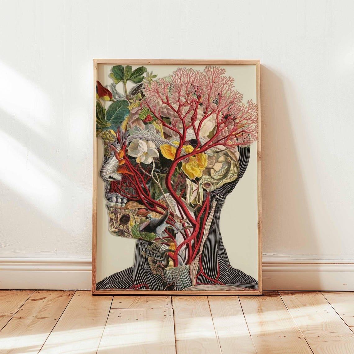 Anatomical Head Profile Red Vascular Tree Floral Collage Poster