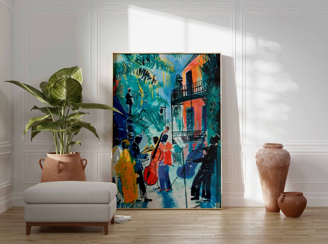 Jazz Band Street Music Art Print Saxophone Double Bass Decor - Image 3
