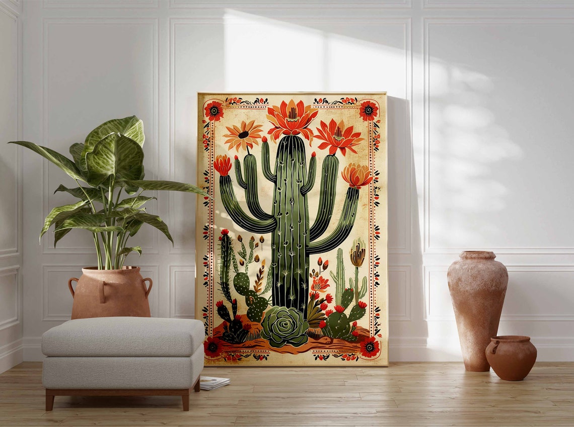 Blooming Saguaro Cactus Orange Blossoms Vintage Desert Poster - Image 3