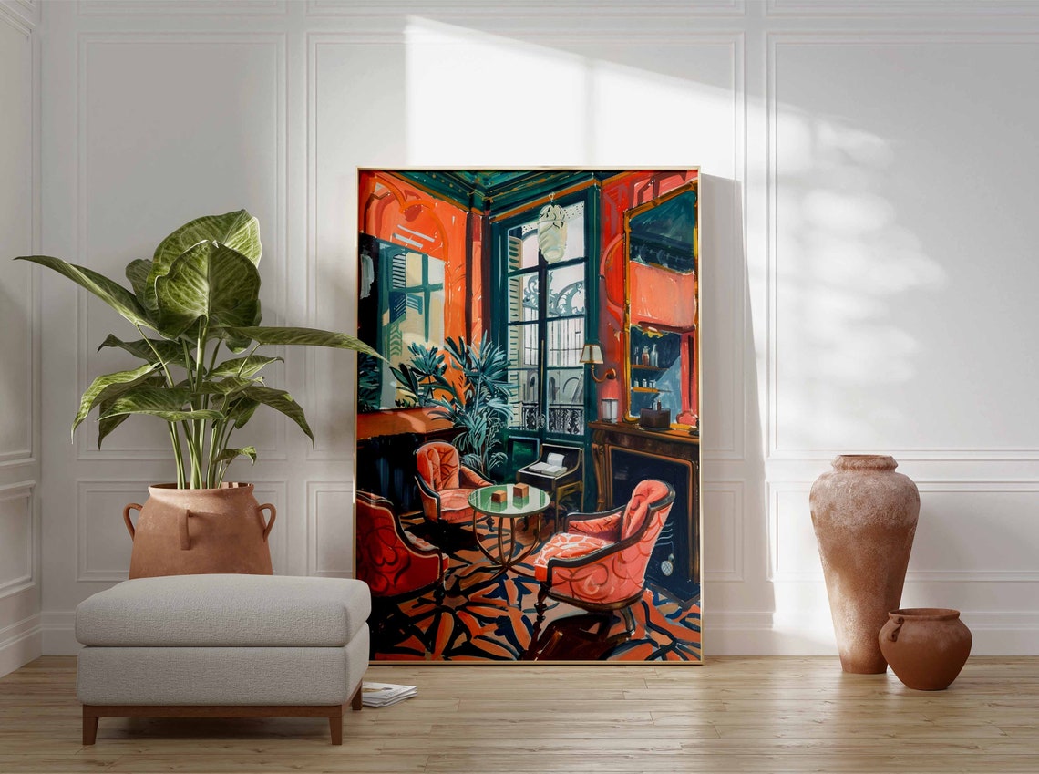 Orange and Teal Sitting Room Windows Armchairs Lounge Art Poster - Image 3