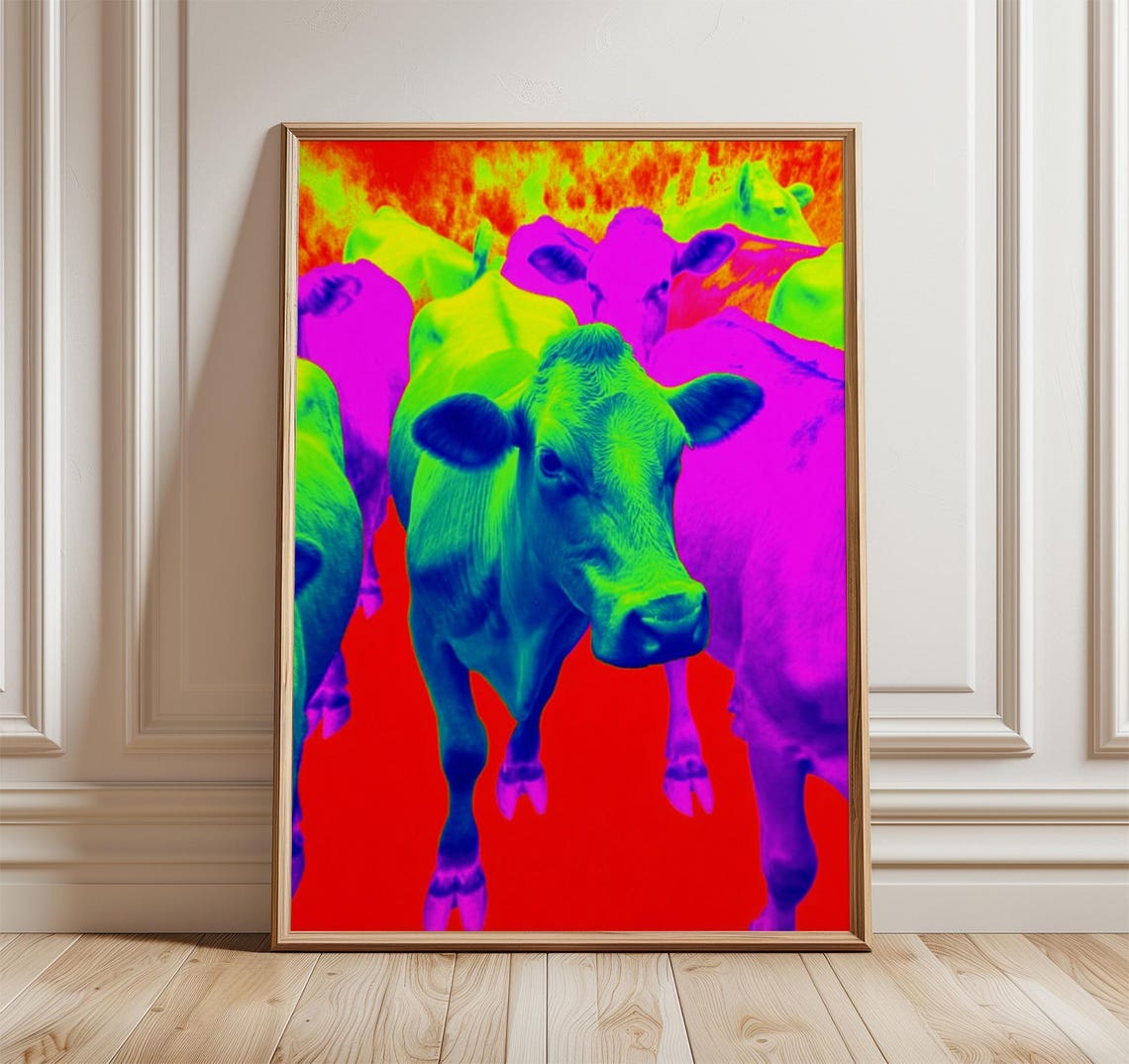 Neon Cow Close Up Print With Green Thermal Face On Red Background Art