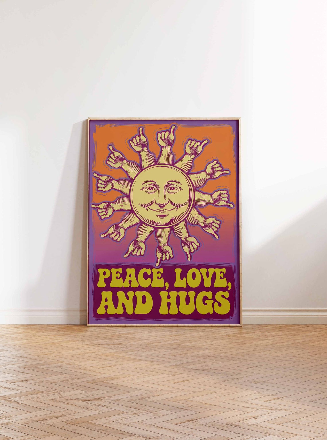 Peace Love and Hugs Vintage Sun Engraving Warm Orange Boho Poster - Image 2