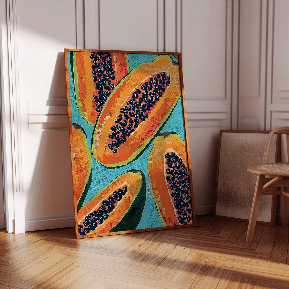 Bold Sliced Papaya Halves on Turquoise Bold Pop Art Style Poster - Image 3