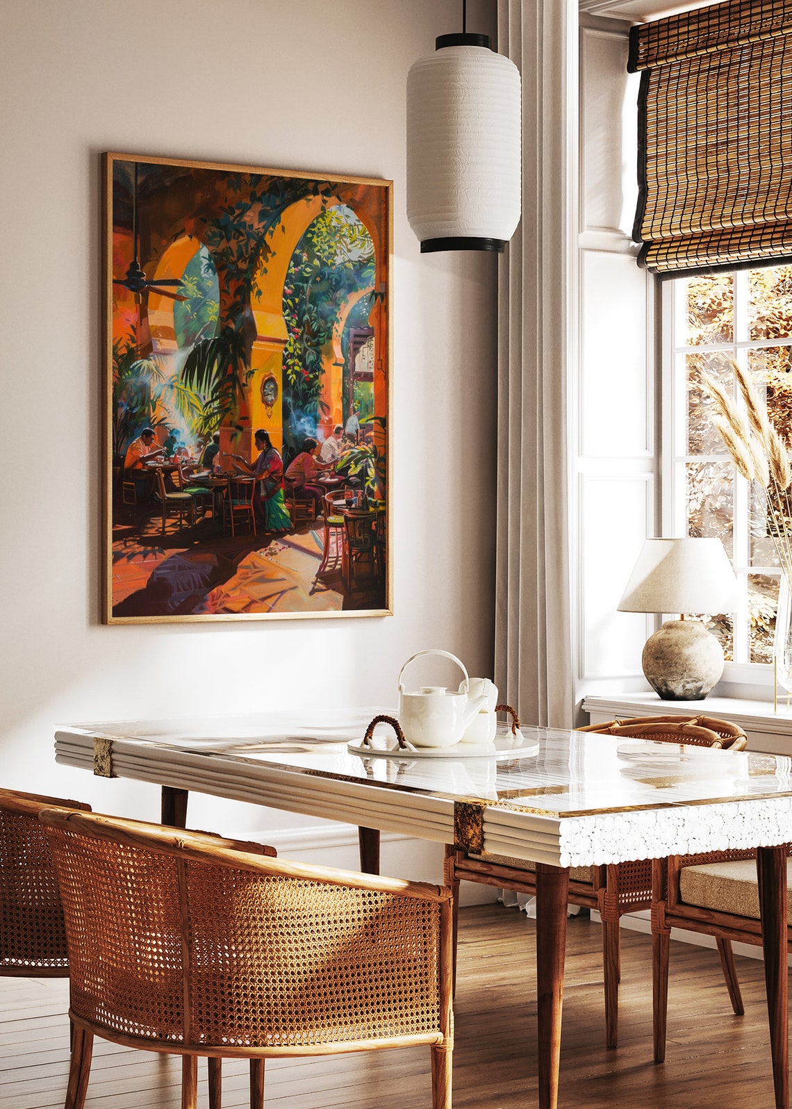 Sunlit Mediterranean Courtyard Restaurant Diners Painting Poster - Image 2