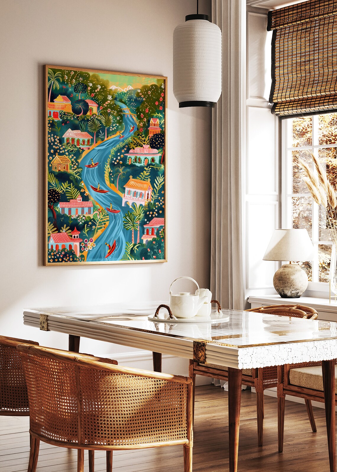 Colorful Tropical River Village Folk Art Illustration Poster - Image 2