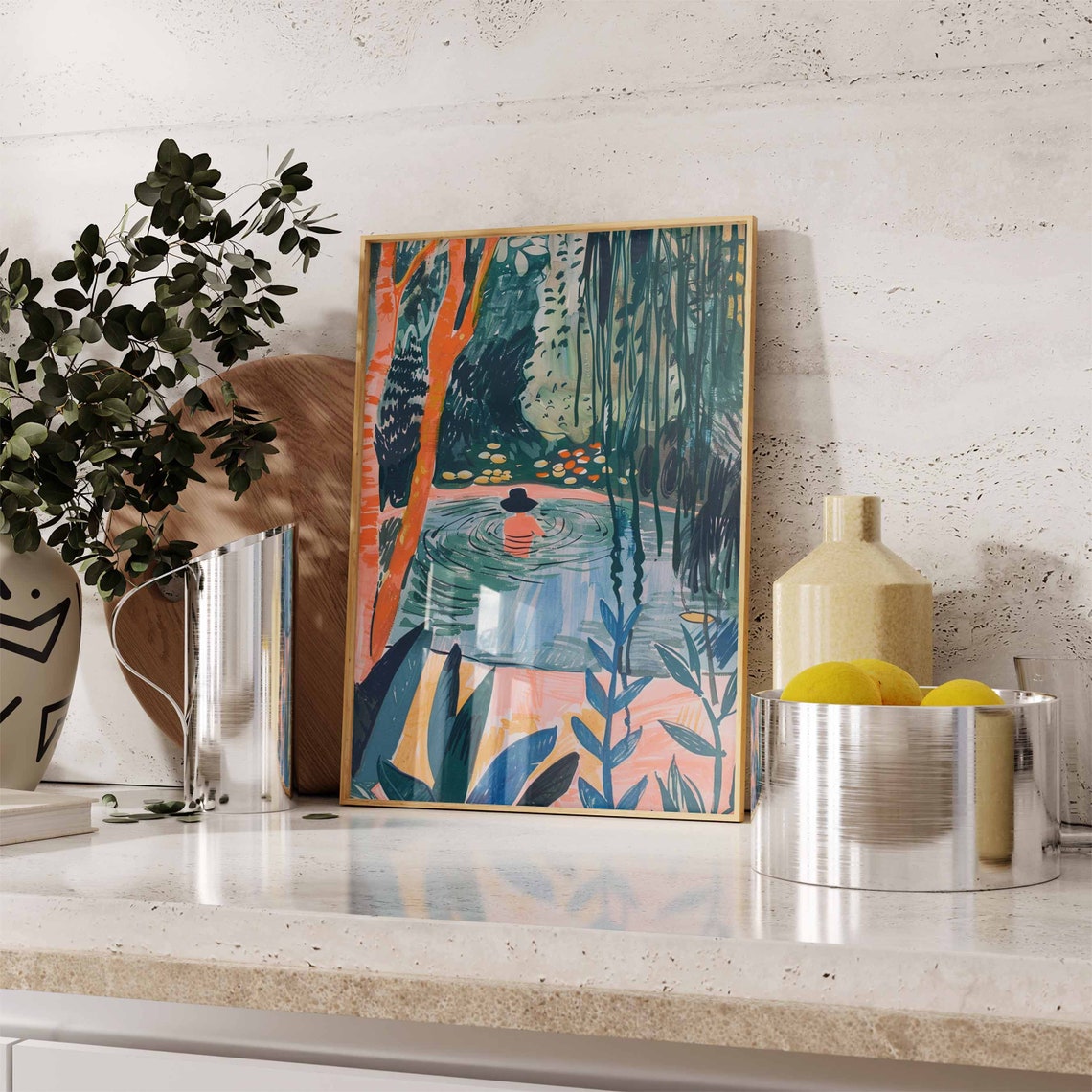 Swimming Woman Wading in Lily Pond with Orange Trees Art Poster - Image 2