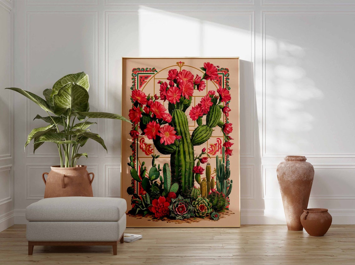 Tall Ribbed Cactus Red Pink Blooms Gold Arch Botanical Poster - Image 2