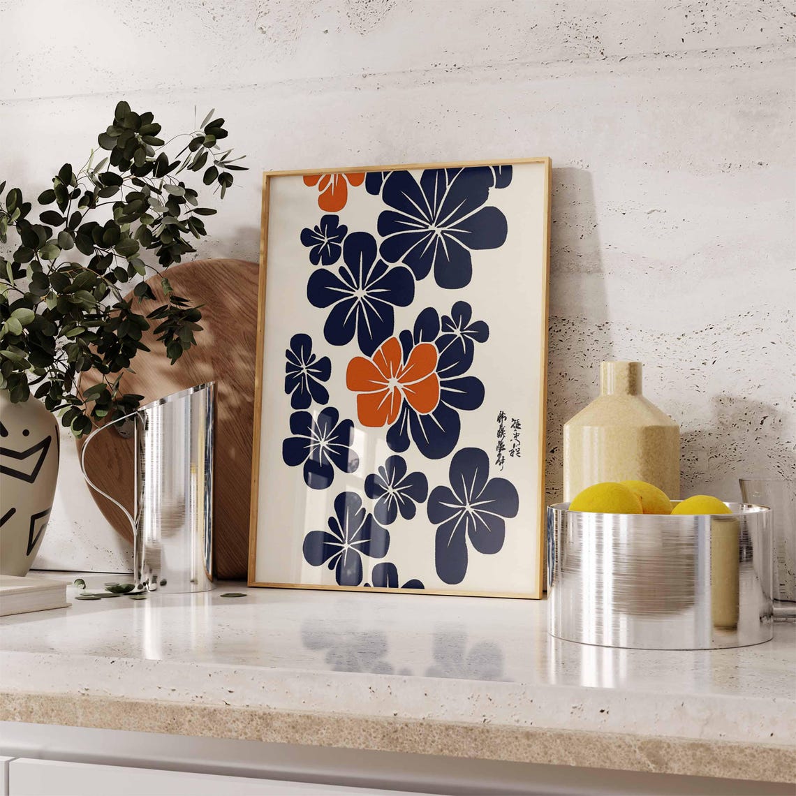 Japanese Navy Blossom Branches with Orange Poppy Minimalist Poster - Image 3