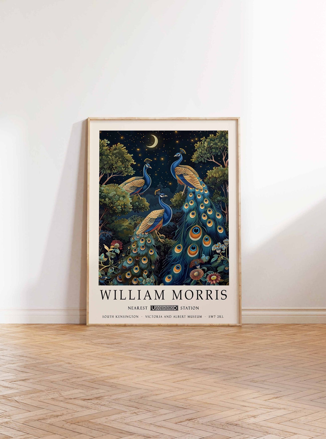 William Morris Three Peacocks Under Crescent Moon Night Poster - Image 2