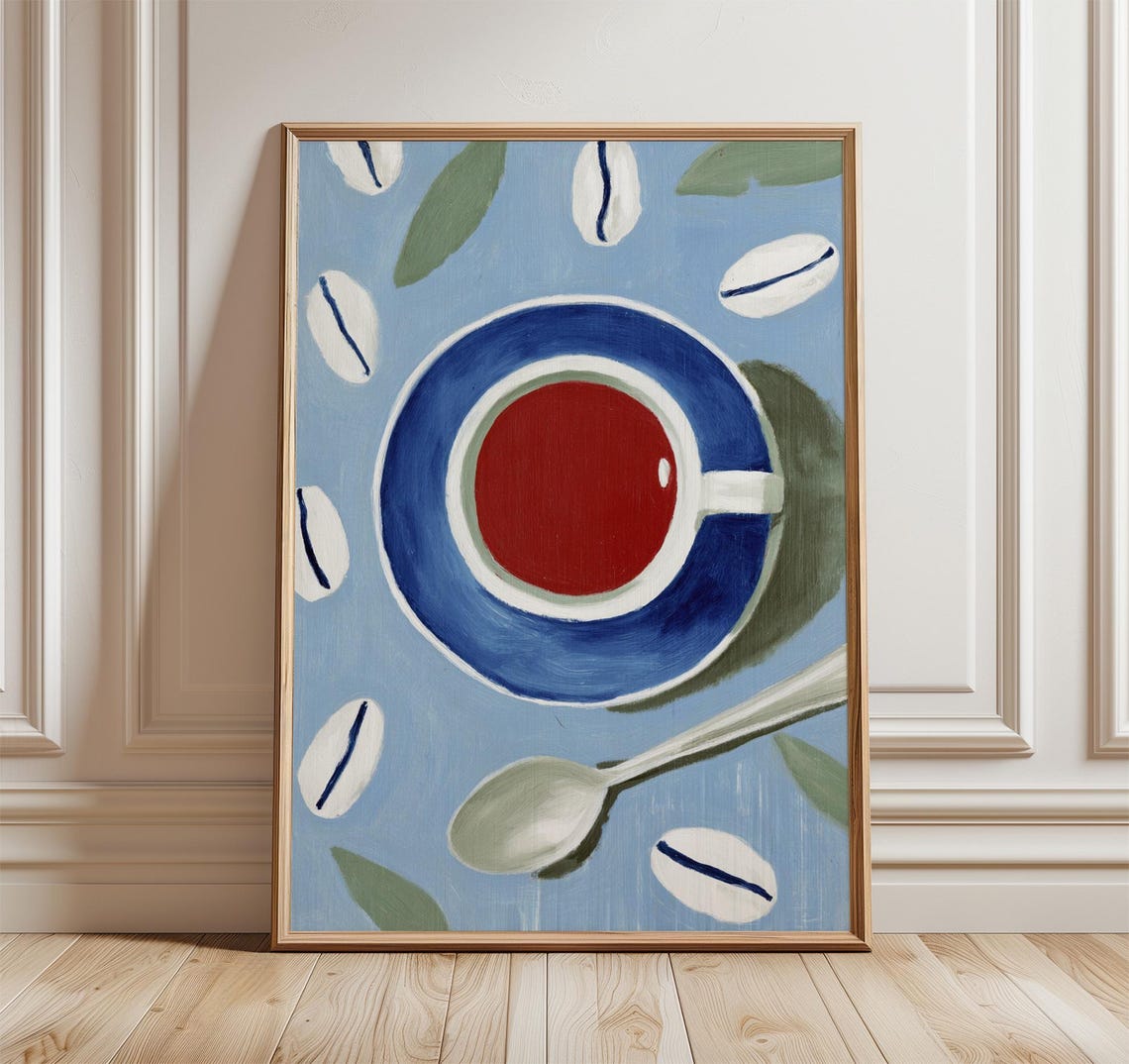 Blue Coffee Cup Painting Red Cup Beans Modern Kitchen Wall Art