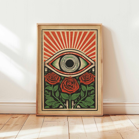 Mexican Folk Art Eye Red Roses Sunburst Vintage Style Poster