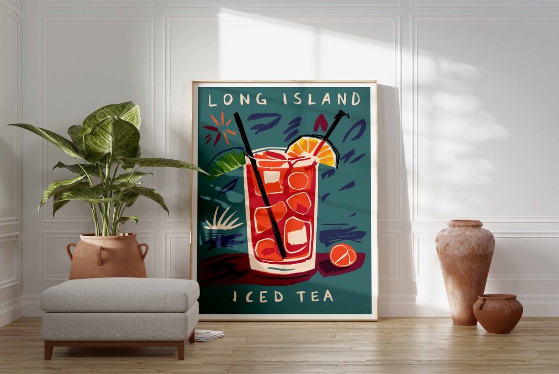 Long Island Iced Tea Tall Ice Glass Teal Retro Cocktail Bar Poster - Image 3