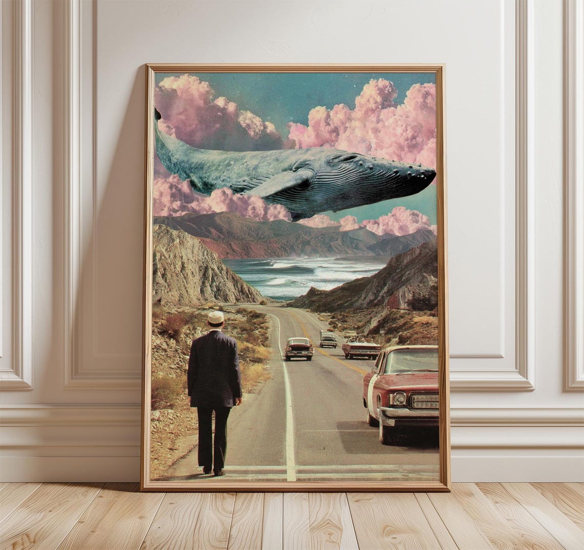 Surreal Flying Whale Coastal Highway Retro Collage Art Poster