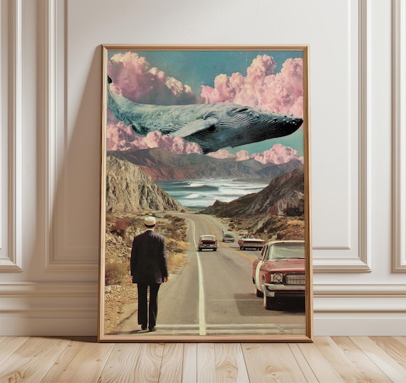Surreal Flying Whale Coastal Highway Retro Collage Art Poster