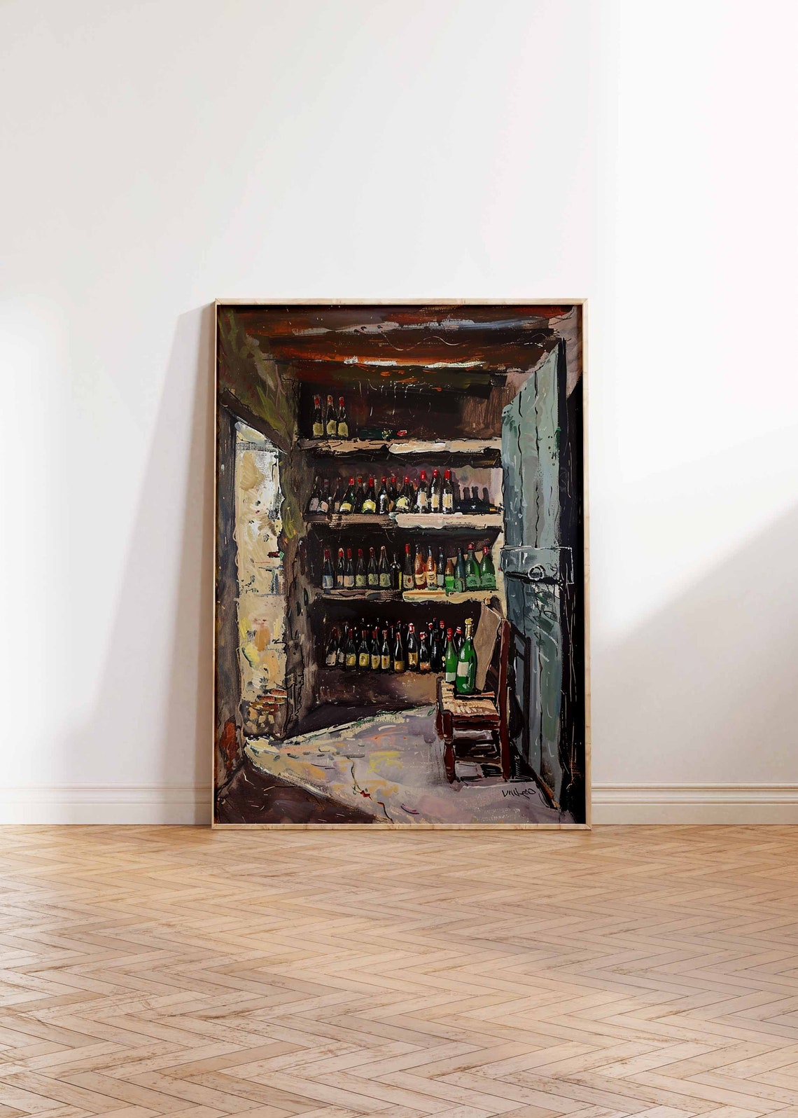Old Wine Cellar Shelves Art Poster Bottle Rows Wooden Door Scene - Image 2