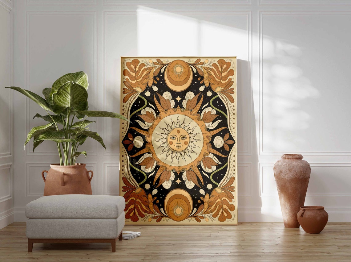 Sun Face Art Deco Floral Celestial Boho Spiritual Illustration Poster - Image 3