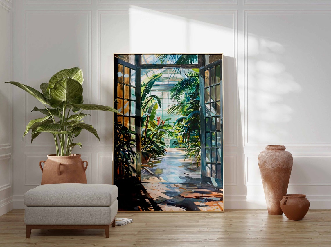 Open Glass Doors Tropical Conservatory Sunlit Garden Art Poster - Image 2