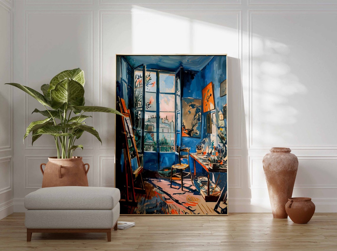 Vivid Blue Artist Studio with Open French Doors Rooftop Poster - Image 3