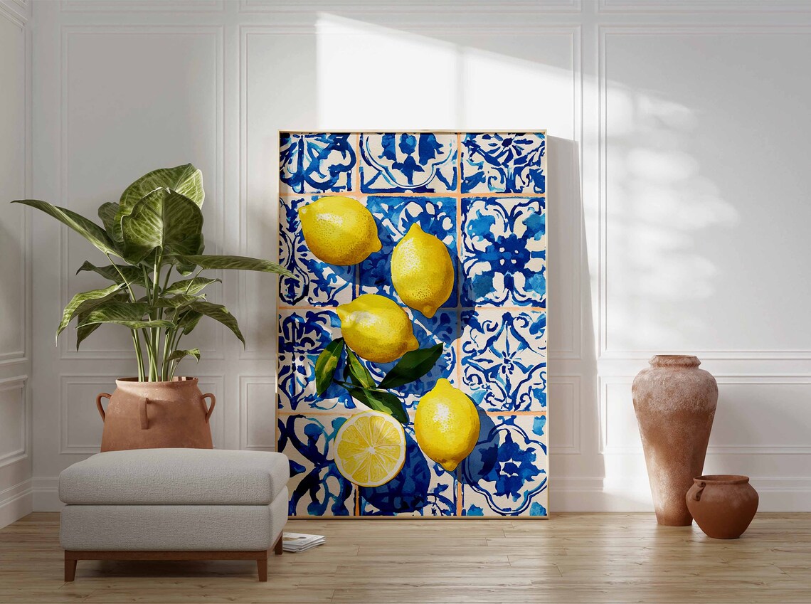 Fresh Juicy Lemons and Lemon Slice Blue White Tile Art Poster - Image 3