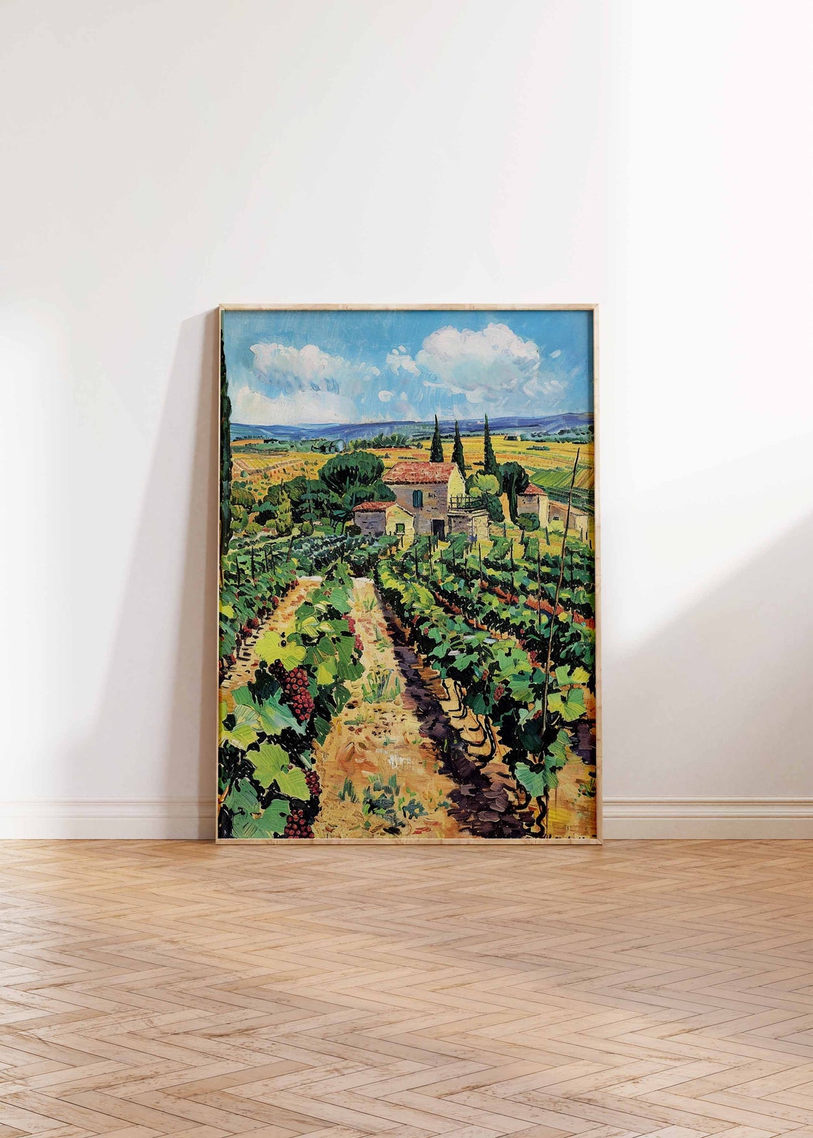 Vineyard Farmhouse Art Poster Red Grape Vines Summer Harvest Scene - Image 2