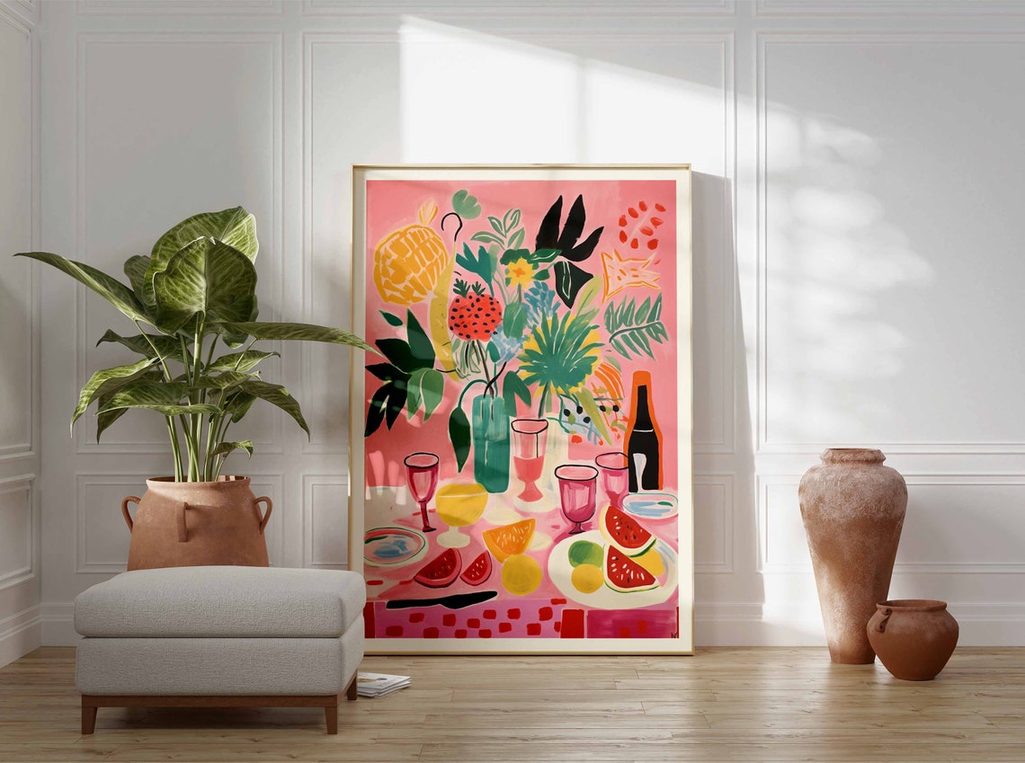 Pink Dinner Party Table With Fruit Painterly Kitchen Art Poster - Image 2