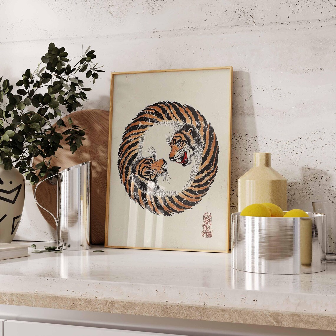 Yin Yang Twin Tigers Japanese Animal Illustration Vintage Style Poster - Image 3