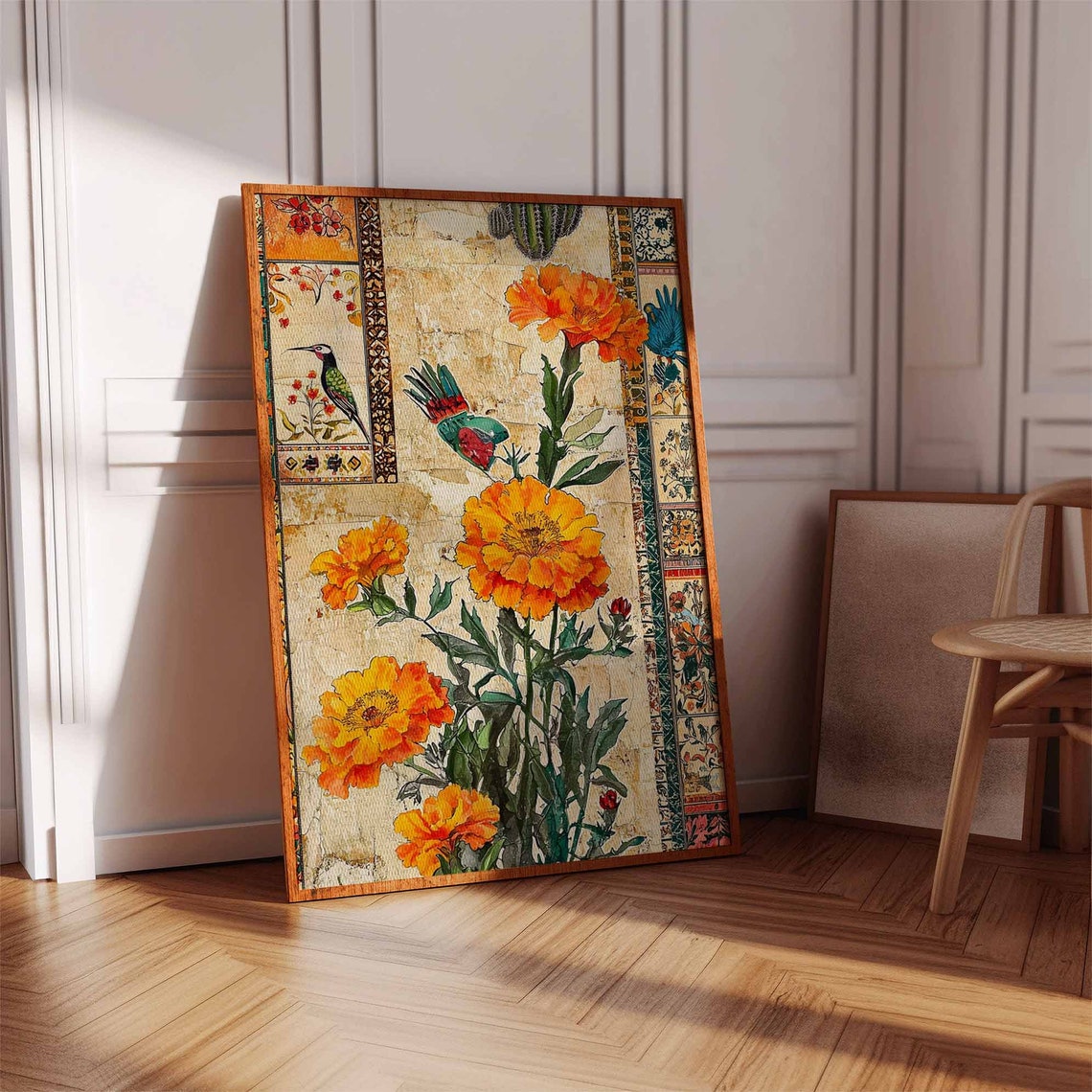 Vibrant Mexican Marigold Flowers with Hummingbirds Art Poster - Image 3