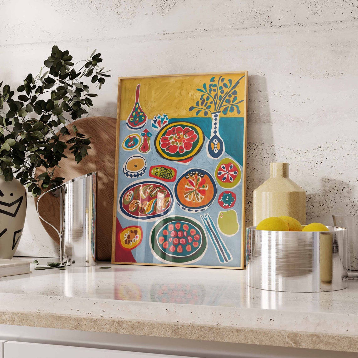 Colorful Folk Art Feast Table Dumplings Citrus Pattern Poster - Image 2