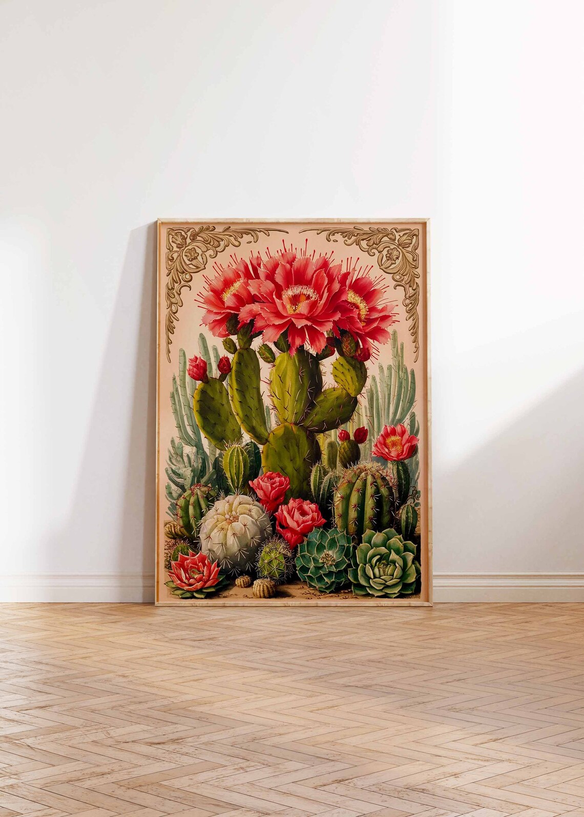 Prickly Pear Opuntia Pink Blooms Gold Corner Botanical Poster - Image 3