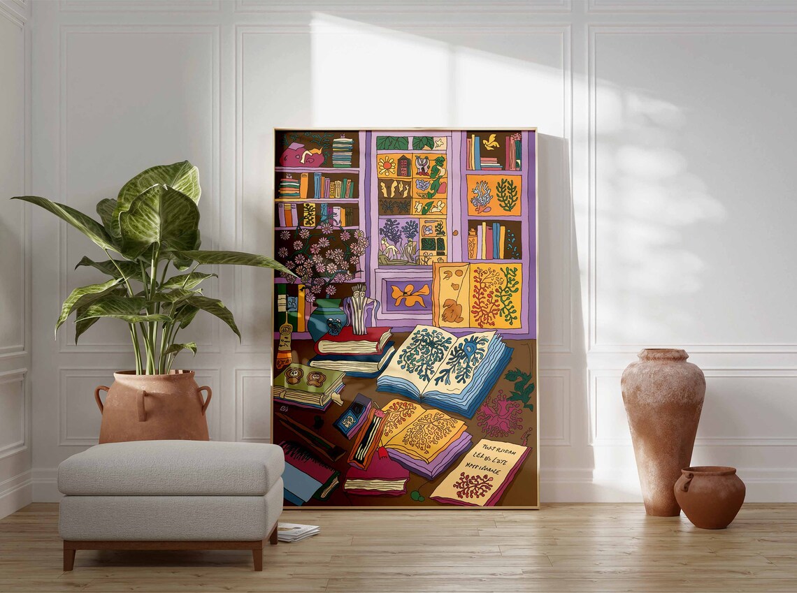 Book Lovers Poster of Magical Desk Scene with Stacks of Colorful Books - Image 3