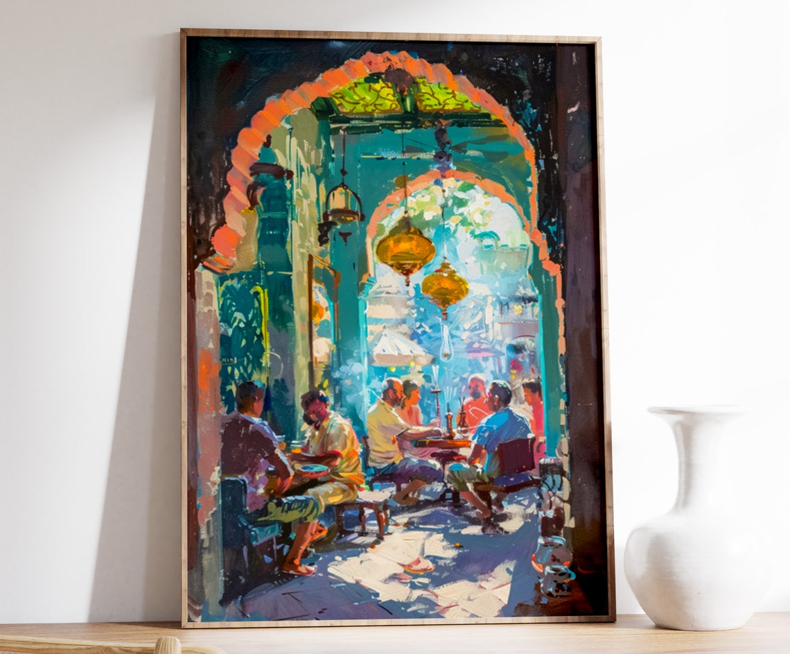 Sunlit Moroccan Archway Cafe Diners Hanging Lanterns Art Poster