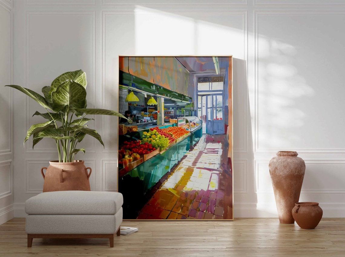 Sunlit Grocery Market Fruit Stall Bright Interior Painting Poster - Image 3