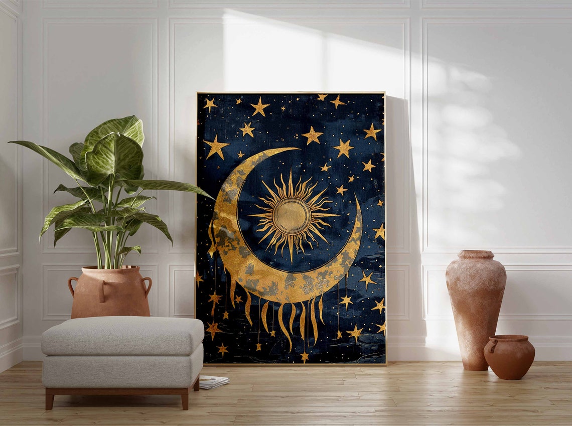 Textured Gold Crescent Moon Around Radiant Sun Midnight Poster - Image 3