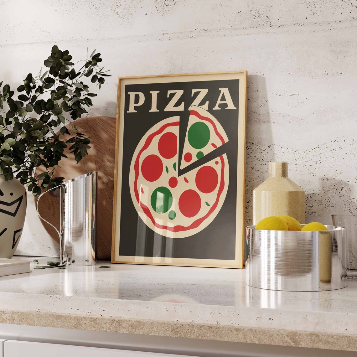 Bold Black Background Pizza Pepperoni Retro Kitchen Art Poster - Image 2