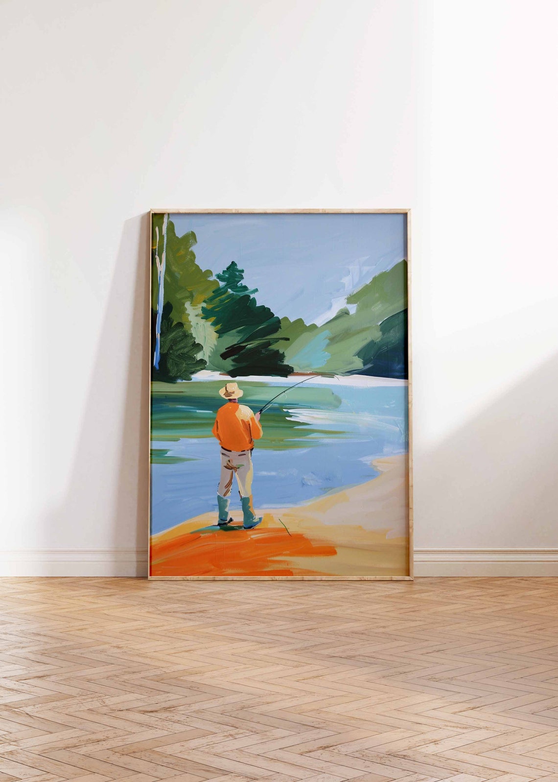 Abstract Fisherman Casting from Orange Shore Lake Painting Poster - Image 3