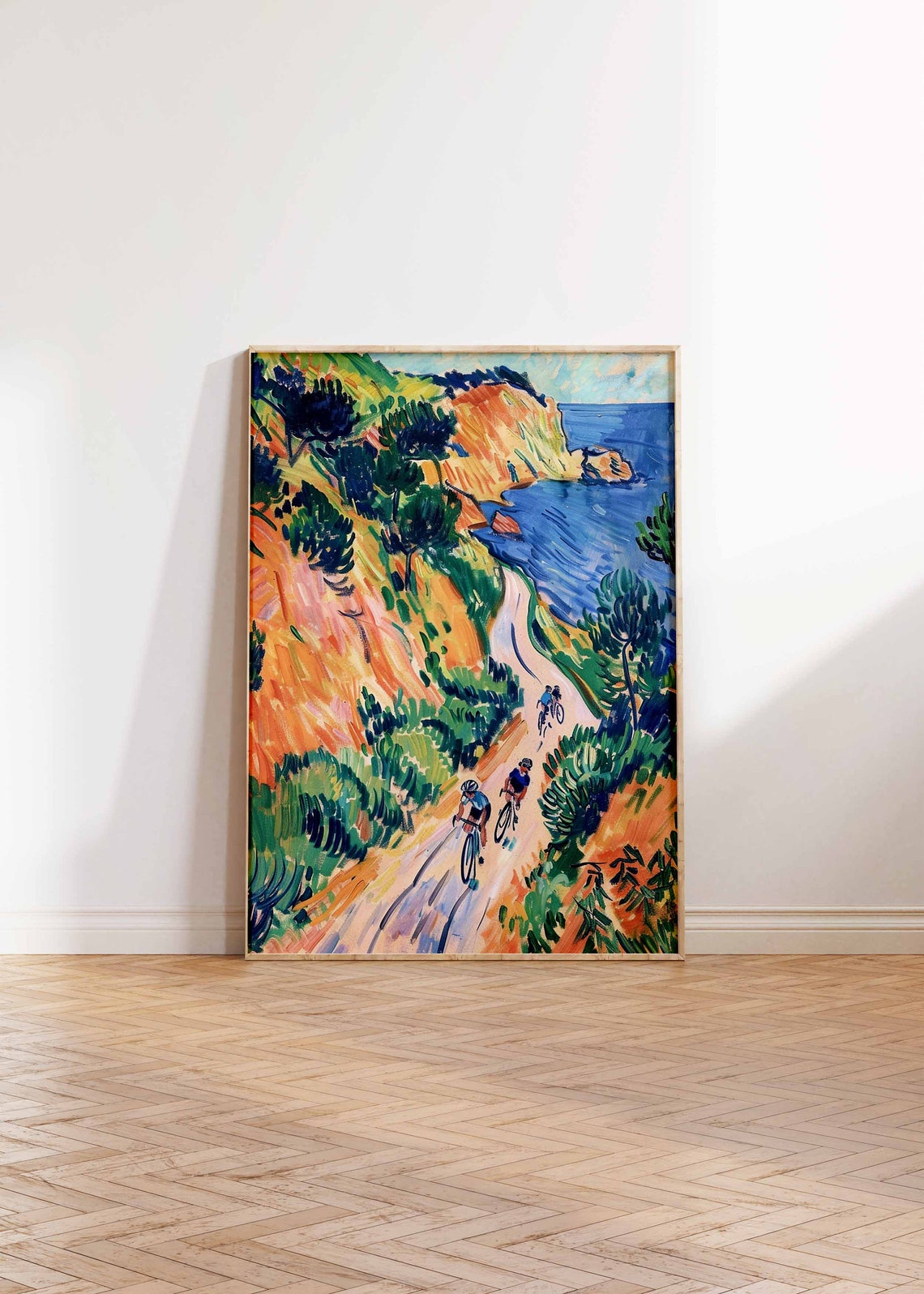 Cyclists on Bold Cliffside Road Above Blue Sea Expressionist Poster - Image 2