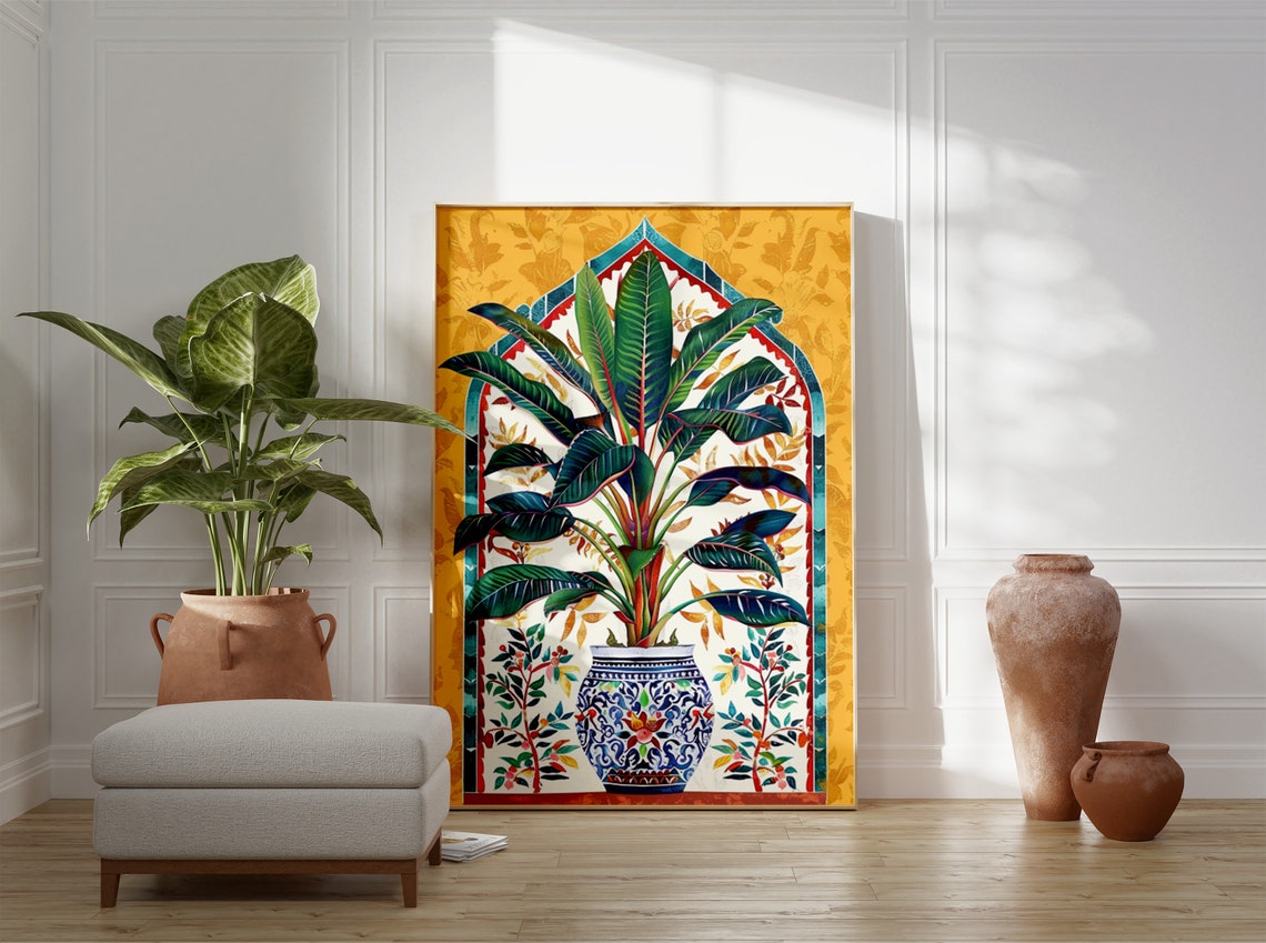 Islamic Banana Plant Ornate Painted Vase Art Print Golden Decor - Image 3