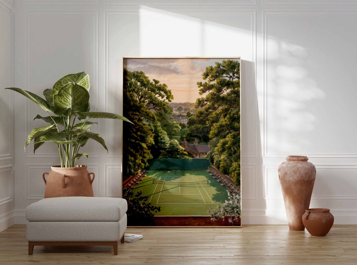 Secluded Tennis Grass Court Tree Lined Pink Dusk Sky Art Poster - Image 2